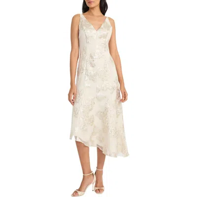 Maggy London Floral Sequin Asymmetric Midi Dress In Ivory/g/silver