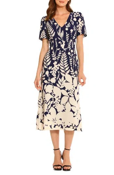 Maggy London Floral Short Sleeve A-line Midi Dress In Navy/cream