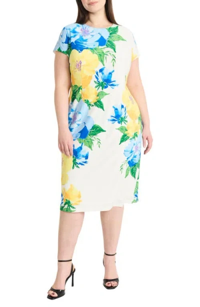 Maggy London Floral Short Sleeve Matte Jersey Midi Dress In Soft White/yellow