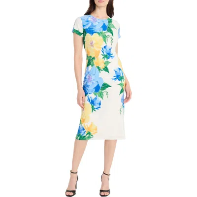 Maggy London Floral Short Sleeve Sheath Midi Dress In Blue