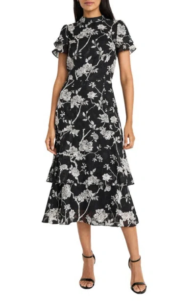 Maggy London Floral Short Sleeve Tiered Midi Dress In Black,whit