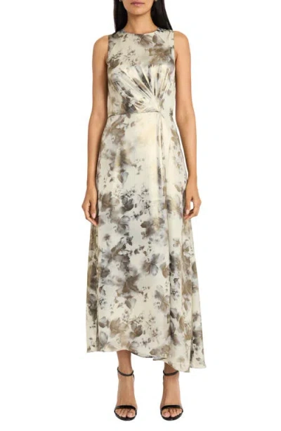 Maggy London Floral Sleeveless Asymmetric Satin Dress In Gray