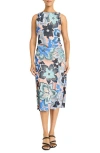Maggy London Floral Sleeveless Sheath Midi Dress In Taupe/cobalt Blue
