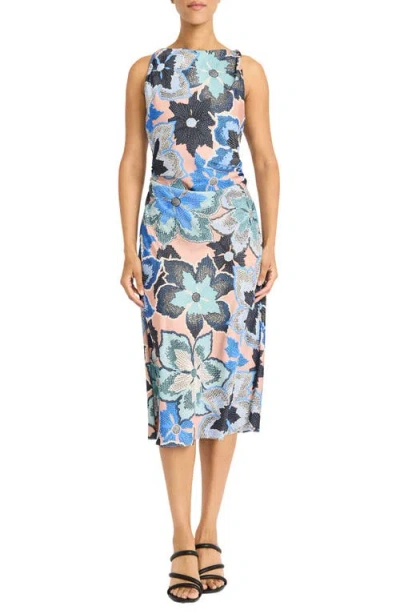 Maggy London Floral Sleeveless Sheath Midi Dress In Taupe/cobalt Blue