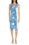 Maggy London Floral Surplice Neck Faux Wrap Dress In Ivory/french Blue