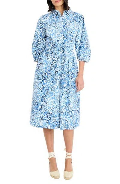 Maggy London Floral Three-quarter Sleeve Shirtdress In Blue