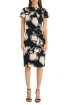 Maggy London Floral Twist Neck Sheath Dress In Black/horn