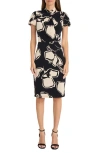 Maggy London Floral Twist Neck Sheath Dress In Black/horn