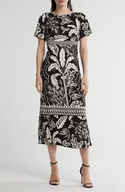 Maggy London Flutter Sleeve Midi Dress In Black/light Beige