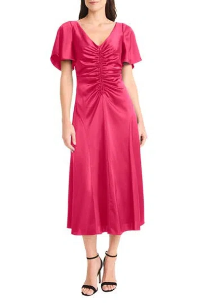 Maggy London Flutter Sleeve Ruched Satin Midi Dress In Pink