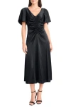 Maggy London Flutter Sleeve Ruched Satin Midi Dress In Black