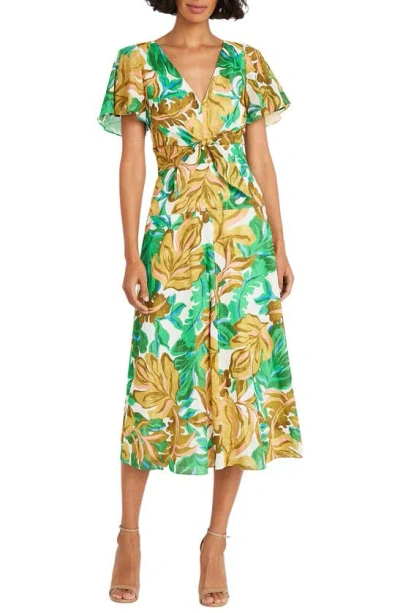 Maggy London Front Tie Short Sleeve Cotton Midi Dress In Multi