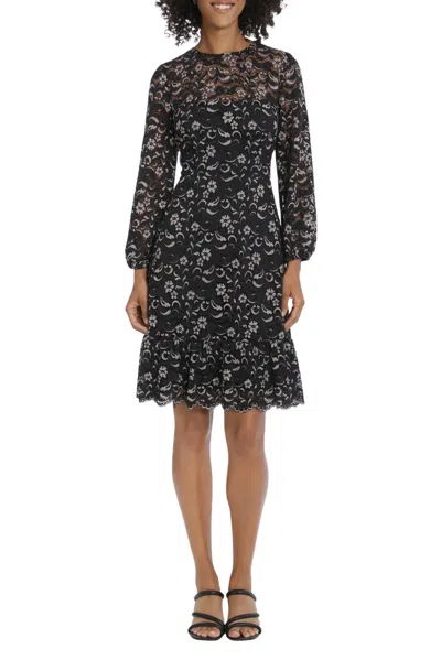Maggy London G5791m Long Sleeve Floral Lace Short Cocktail Dress In Black