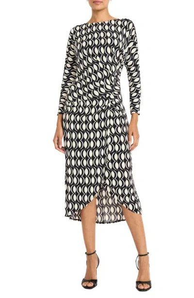 Maggy London Geo Print Long Sleeve Ruched Midi Dress In Black/ivory