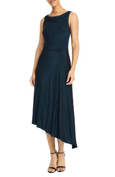 Maggy London Glitter Knit Side Draped Midi Dress In Navy