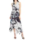 Maggy London Abstract Print Belted Handkerchief Hem Midi Dress In White