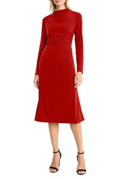 Maggy London High Neck Long Sleeve Sheath Midi Dress In Red
