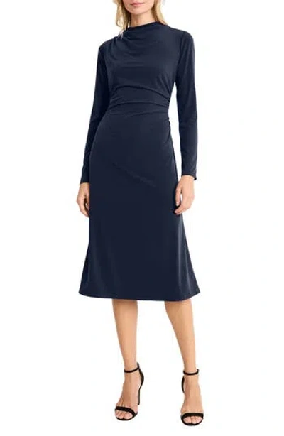 Maggy London High Neck Long Sleeve Sheath Midi Dress In Twilight Navy