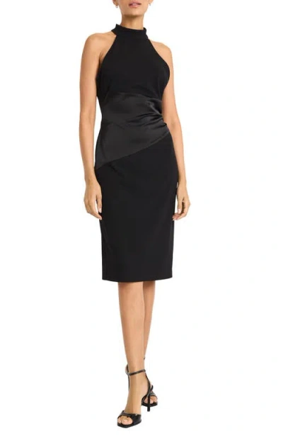 Maggy London High Neck Mixed Media Cocktail Sheath Dress In Black