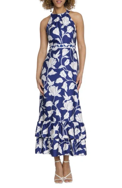 Maggy London High Neck Ruffle Maxi Dress In Navy/cream