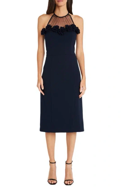 Maggy London Illusion Mesh Rosette Midi Dress In Twilight Navy