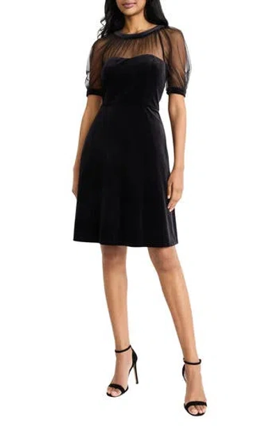Maggy London Illusion Short Sleeve Velvet Fit & Flare Dress In Black