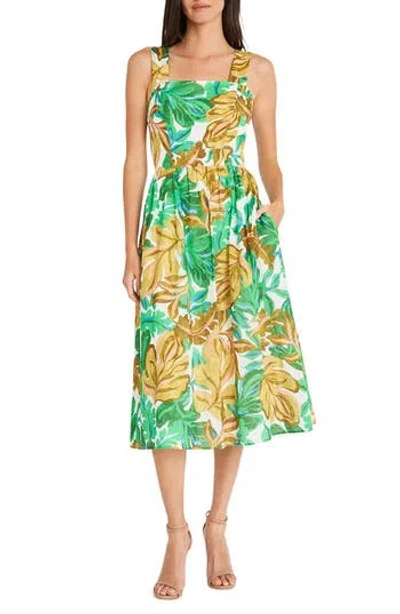 Maggy London Leaf Print Fit & Flare Midi Dress In Soft White/golden Olive
