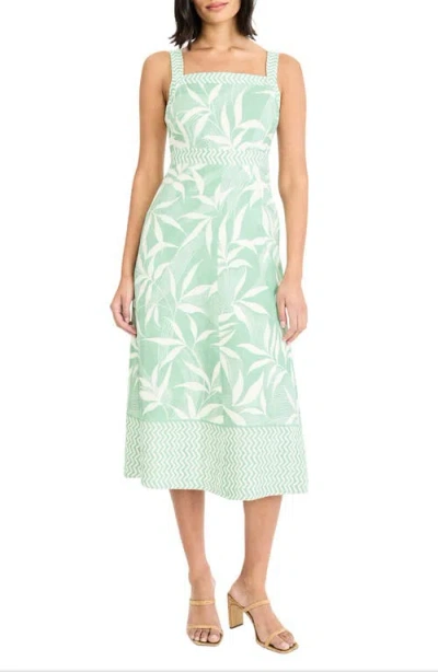 Maggy London Leaf Print Square Neck Midi Dress In Green