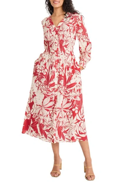 Maggy London Long Sleeve Button-up Midi Dress In Red