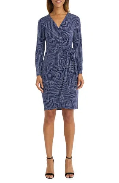 Maggy London Long Sleeve Faux Wrap Dress In Blue
