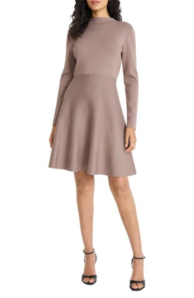 Maggy London Long Sleeve Fit & Flare Sweater Dress In Brown