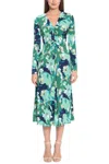 Maggy London Long Sleeve Floral Midi Dress In Navy Mint In Blue