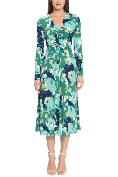 Maggy London Long Sleeve Floral Midi Dress In Navy Mint In Blue