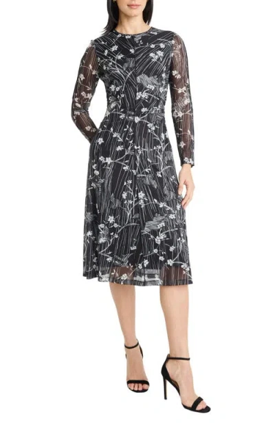Maggy London Long Sleeve Mesh Midi Dress In Black
