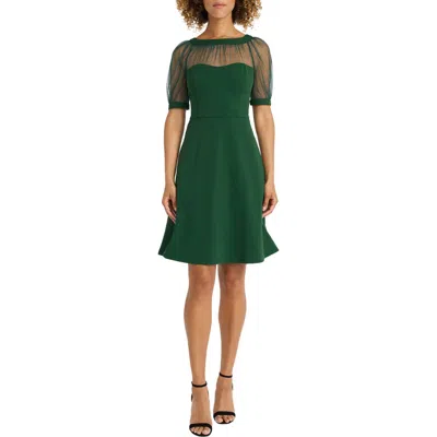 Maggy London Mesh Illusion Short Sleeve Dress In Dark Green