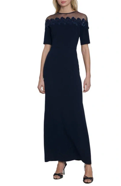 Maggy London Mesh Yoke Beaded Gown In Twilight Navy