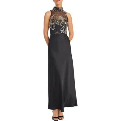 Maggy London Metallic Embroidery Mixed Media Gown In Black