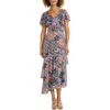 Maggy London Metallic Floral Tiered Ruffle Asymmetric Dress