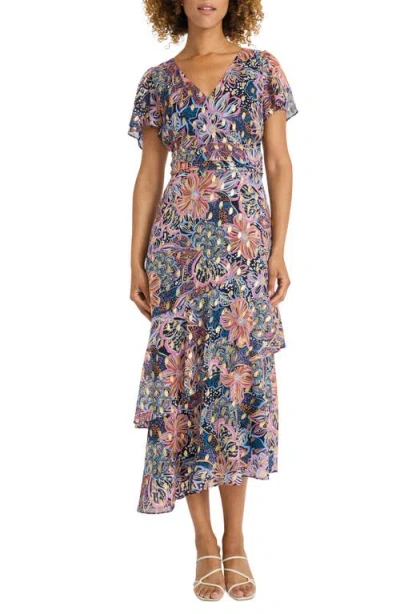 Maggy London Metallic Floral Tiered Ruffle Asymmetric Dress In Multi