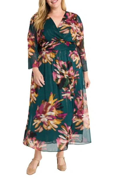 Maggy London Metallic Long Sleeve Chiffon Dress In Turquoise,aqua