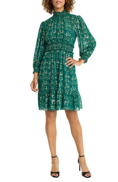 Maggy London Metallic Print Long Sleeve Dress In Emerald/gold