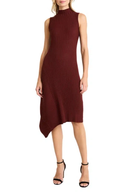 Maggy London Mock Neck Asymmetric Hem Sweater Dress In Brown | ModeSens