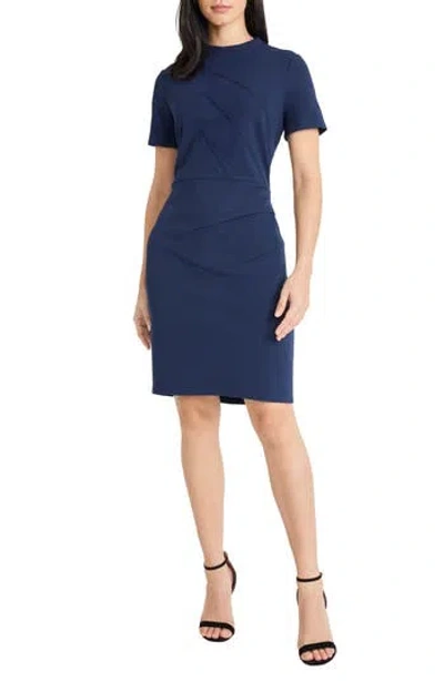 Maggy London Mock Neck Short Sleeve Sheath Dress In Blue