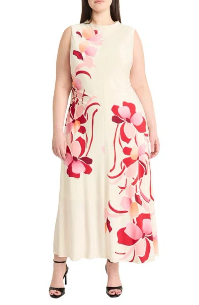 Maggy London Mock Neck Sleeveless Midi Dress In Cream/rose