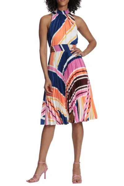 Maggy London Multi Print High Neck Pleated A-line Dress In Ivory Light Orange