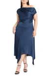 Maggy London One-shoulder Handkerchief Hem Satin Maxi Dress In Ensign Blue
