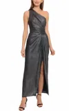Maggy London One Shoulder Shimmer Long Dress In Navy/silver In Multi