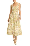 Maggy London Palm Print Empire Waist Fit & Flare Midi Dress In Yellow