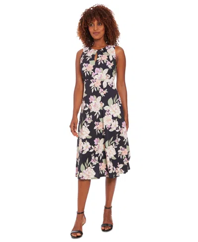 Maggy London Petite Floral-print A-line Dress In Blk Multi