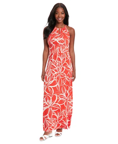 Maggy London Petite Floral-print Halter Maxi Dress In Red White